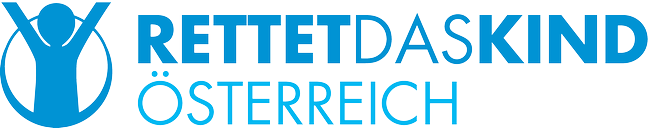 Ein Logo: In blauen Großbuchstaben der Schriftzug "Rettet das Kind Österreich", daneben der Oberkörper einer blauen Symbolfigur, die in einem Kreis steht und ihre Arme nach oben streckt.