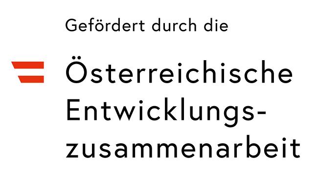 Schwarze Schrift auf weißem Hintergrund, daneben die Österreich-Fahne: Gefördert durch die Österreichische Entwicklungszusammenarbeit